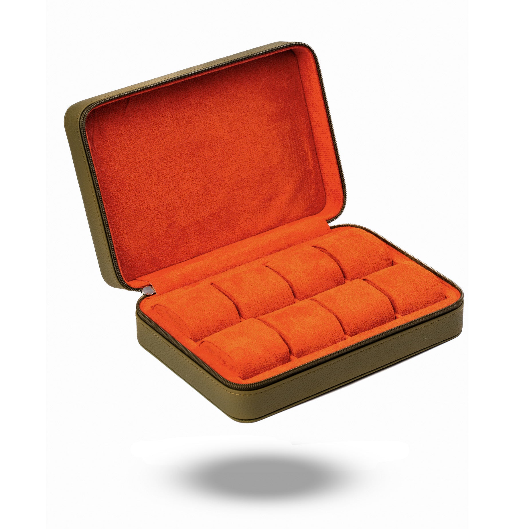 Caja para relojes en color verde oliva y naranja atardecer (8 relojes)