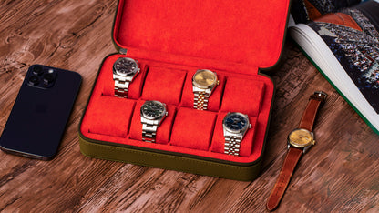Caja para relojes en color verde oliva y naranja atardecer (8 relojes)